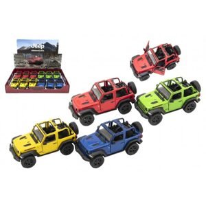 Teddies Auto Kinsmart Jeep Wrangler 2018 otevřená střecha 1:34 12,5cm kov 4 barvy na zpětné nat. 12ks v boxu