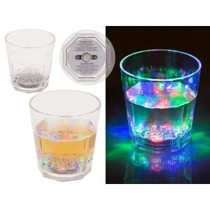 Akrylový whisky sklenička, s barevným LED světlem, se 3 režimy blikání, cca 9 x 9 cm, cca 85 ml, včetně 3 baterií LR44, v dárkové krabičce