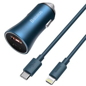 Baseus Golden Contactor Pro nabíječka do auta, USB USB-C, QC4.0, PD, SCP, 40W (modrá) USB-C - Lightning kabel 1m (modrá)