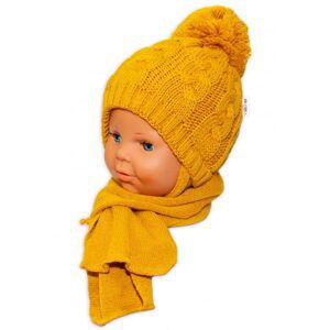 BABY NELLYS Zimní pletená čepička s šálou Baby Bear - hořčicová s bambulkou - 62-68 (3-6m)
