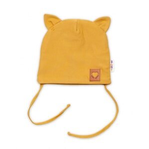 Baby Nellys Bavlněná dvouvrstvá čepice s oušky na zavazování FOX - hořčicová - 68-74 (6-9m)