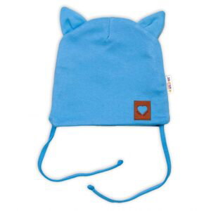 Baby Nellys Bavlněná dvouvrstvá čepice s oušky na zavazování FOX - modrá, vel. 68/74 - 68-74 (6-9m)