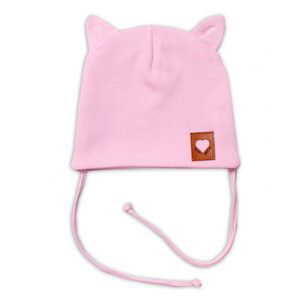 Baby Nellys Bavlněná dvouvrstvá čepice s oušky na zavazování FOX - růžová - 56-62 (0-3m)