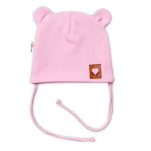 Baby Nellys Bavlněná dvouvrstvá čepice s oušky na zavazování TEDDY - růžová, Baby Nellys - 68-74 (6-9m)