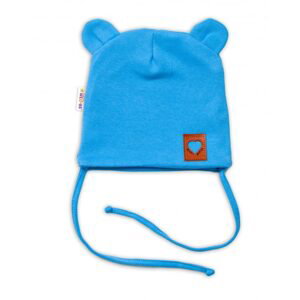 Baby Nellys Bavlněná dvouvrstvá čepice s oušky na zavazování TEDDY - modrá, Baby Nellys - 80-86 (12-18m)