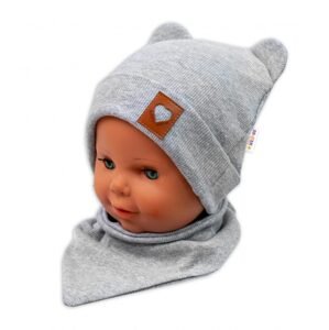 Baby Nellys Žebrovaná dvouvrstvá čepice s oušky + šátek TEDDY - šedý melír - 56-62 (0-3m)