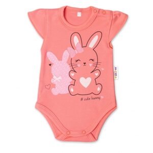 Baby Nellys Bavlněné kojenecké body, kr. rukáv, Cute Bunny - lososové - 62 (2-3m)