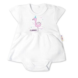 Baby Nellys Bavlněné kojenecké sukničkobody, kr. rukáv, Flamingo - bílé - 86 (12-18m)