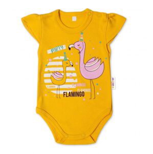 Baby Nellys Bavlněné kojenecké body, kr. rukáv, Flamingo - hořčicové - 62 (2-3m)