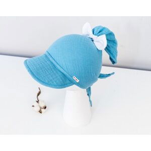 Baby Nellys Lehký mušelínový šátek s kšiltem na zavazování + mašle, modrý - 80-98 (9-36m)