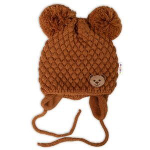 Baby Nellys Zimní pletená čepice Teddy Bear na zavazování, hnědá, Baby Nellys - 56-68 (0-6 m)