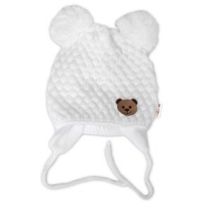 Baby Nellys Zimní pletená čepice Teddy Bear na zavazování, bílá, smetanová, 68/80, (6-12m),Baby Nellys