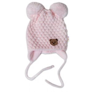 Baby Nellys Zimní pletená čepice Teddy Bear na zavazování, růžová, Baby Nellys