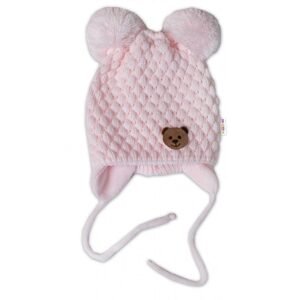 Baby Nellys Zimní pletená čepice Teddy Bear na zavazování, růžová, Baby Nellys - 56-68 (0-6 m)