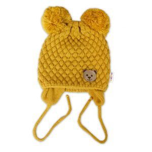 Baby Nellys Zimní pletená čepice Teddy Bear na zavazování, hořčicová, Baby Nellys - 68-80 (6-12m)