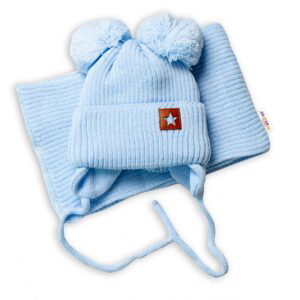 Baby Nellys Dětská zimní čepice s šálou STAR - modrá s bambulkami, vel. 68/80, BABY NELLYS