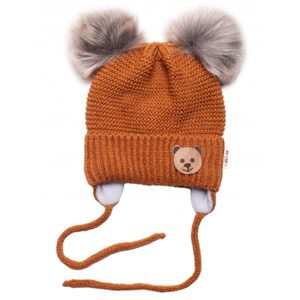 Baby Nellys Dětská zimní čepice s fleecem Teddy Bear - chlupáčk. bambulky - hnědá, šedá, BABY NELLYS