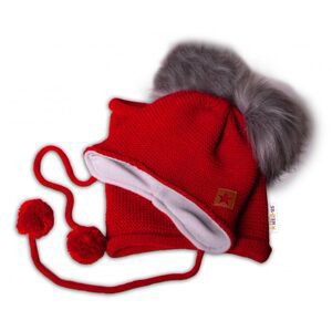 Baby Nellys Zimní čepice s fleecem a chlupáčkové bambulky Star + komínek - červená, BABY NELLYS - 104-116 (4-6r)
