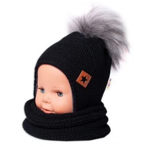 Baby Nellys Zimní čepice s fleecem a chlupáčková bambule Star + komínek - černá, 104/116, BABY NELLYS