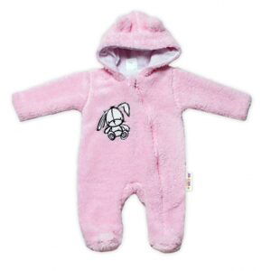 Baby Nellys Chlupáčkový overálek s kapucí, Cute Bunny - světle růžový, vel. 62 - 68 (3-6m)