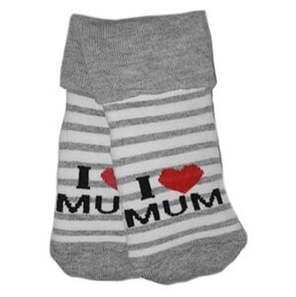 Kojenecké froté bavlněné ponožky I Love Mum, bílo/šedé proužek - 80-86 (12-18m)