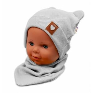 Baby Nellys Žebrovaná dvouvrstvá čepice s oušky + šátek TEDDY - šedá - 92-98 (18-36m)