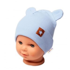 Baby Nellys Žebrovaná dvouvrstvá čepice s oušky TEDDY - sv. modrá - 56-62 (0-3m)