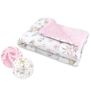 Baby Nellys Oteplená bavlněná deka s Minky 100x75cm, Srnka a růže - růžová