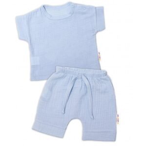 Baby Nellys 2-dílná mušelínová soupravička, tričko + kraťasky BOY, světle modrá - 62 (2-3m)