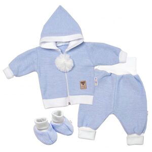 Baby Nellys 3-dílná souprava Hand made, pletený kabátek, kalhoty a botičky, modrá - 68 (3-6m)