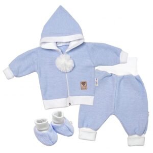Baby Nellys 3-dílná souprava Hand made, pletený kabátek, kalhoty a botičky, modrá - 62 (2-3m)