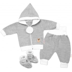 Baby Nellys 3-dílná souprava Hand made, pletený kabátek, kalhoty a botičky, šedá - 62 (2-3m)