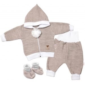 Baby Nellys 3-dílná souprava Hand made, pletený kabátek, kalhoty a botičky, béžová, vel.68 - 62 (2-3m)