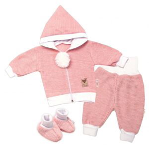 Baby Nellys 3-dílná souprava Hand made, pletený kabátek, kalhoty a botičky, růžová - 56 (1-2m)