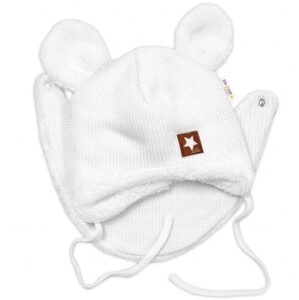 Baby Nellys Pletená zimní čepice s kožíškem a šátkem Star, bílá - 56-62 (0-3m)