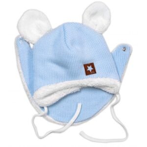 Baby Nellys Pletená zimní čepice s kožíškem a šátkem Star, modrá, vel. 68/74 - 80-86 (12-18m)