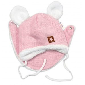 Baby Nellys Pletená zimní čepice s kožíškem a šátkem Star, růžová, vel. 68/74 - 56-62 (0-3m)