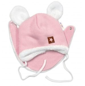 Baby Nellys Pletená zimní čepice s kožíškem a šátkem Star, růžová, vel. 68/74 - 80-86 (12-18m)