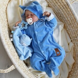 Baby Nellys Semiškový, velurový overal s kapucí Baby Nellys New Bunny, modrý, vel. 80 - 74 (6-9m)