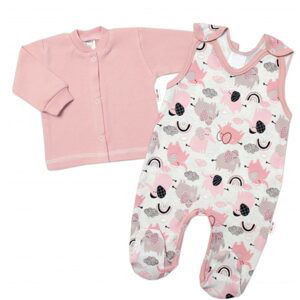 Baby Nellys 2-dílná sada, bavlněné dupačky s košilkou Sloníci, růžová - 68 (3-6m)