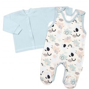 Baby Nellys 2-dílná sada, bavlněné dupačky s košilkou Sloníci, modré - 68 (3-6m)