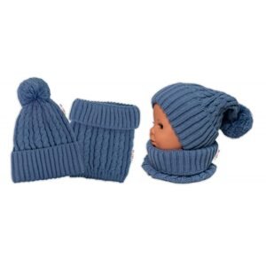 Baby Nellys Zimní čepice s bambulí + komínek Baby Nellys - modrá, jeans, vel. 48-52cm - 98-104 (2-4r)