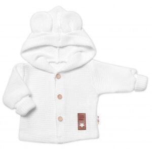 Baby Nellys Dětský elegantní pletený svetřík s knoflíčky a kapucí s oušky Baby Nellys, bíly, vel. 62 - 74 (6-9m)