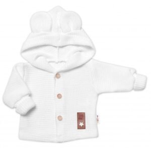 Baby Nellys Dětský elegantní pletený svetřík s knoflíčky a kapucí s oušky Baby Nellys, bíly, vel. 62 - 80 (9-12m)