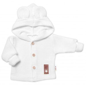 Baby Nellys Dětský elegantní pletený svetřík s knoflíčky a kapucí s oušky Baby Nellys, bíly, vel. 62 - 62 (2-3m)
