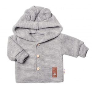 Baby Nellys Dětský elegantní pletený svetřík s knoflíčky a kapucí s oušky Baby Nellys, šedý - 80 (9-12m)