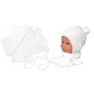 Baby Nellys Zimní čepice na zavazování s bambulky + šál, Baby Nellys - bílá, vel. 62/68