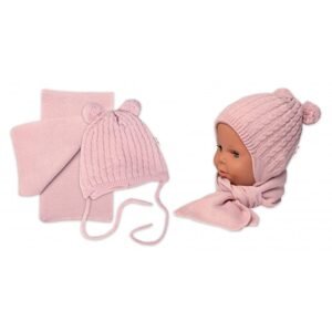 Baby Nellys Zimní čepice na zavazování s bambulky + šál, Baby Nellys - pudrově růžová, vel. 62/68 - 62-68 (3-6m)