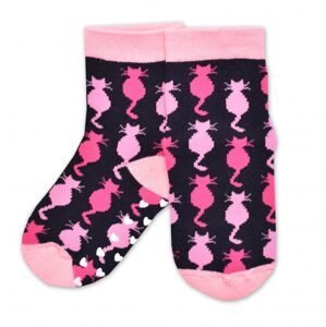 NVT Dětské froté ponožky s ABS Kočičky - černo/růžové, vel. 31/34 - 31-34
