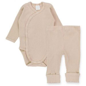 MBaby Zavinovací žebrované body + tepláčky, 2D sada MBaby, béžové - 62 (2-3m)